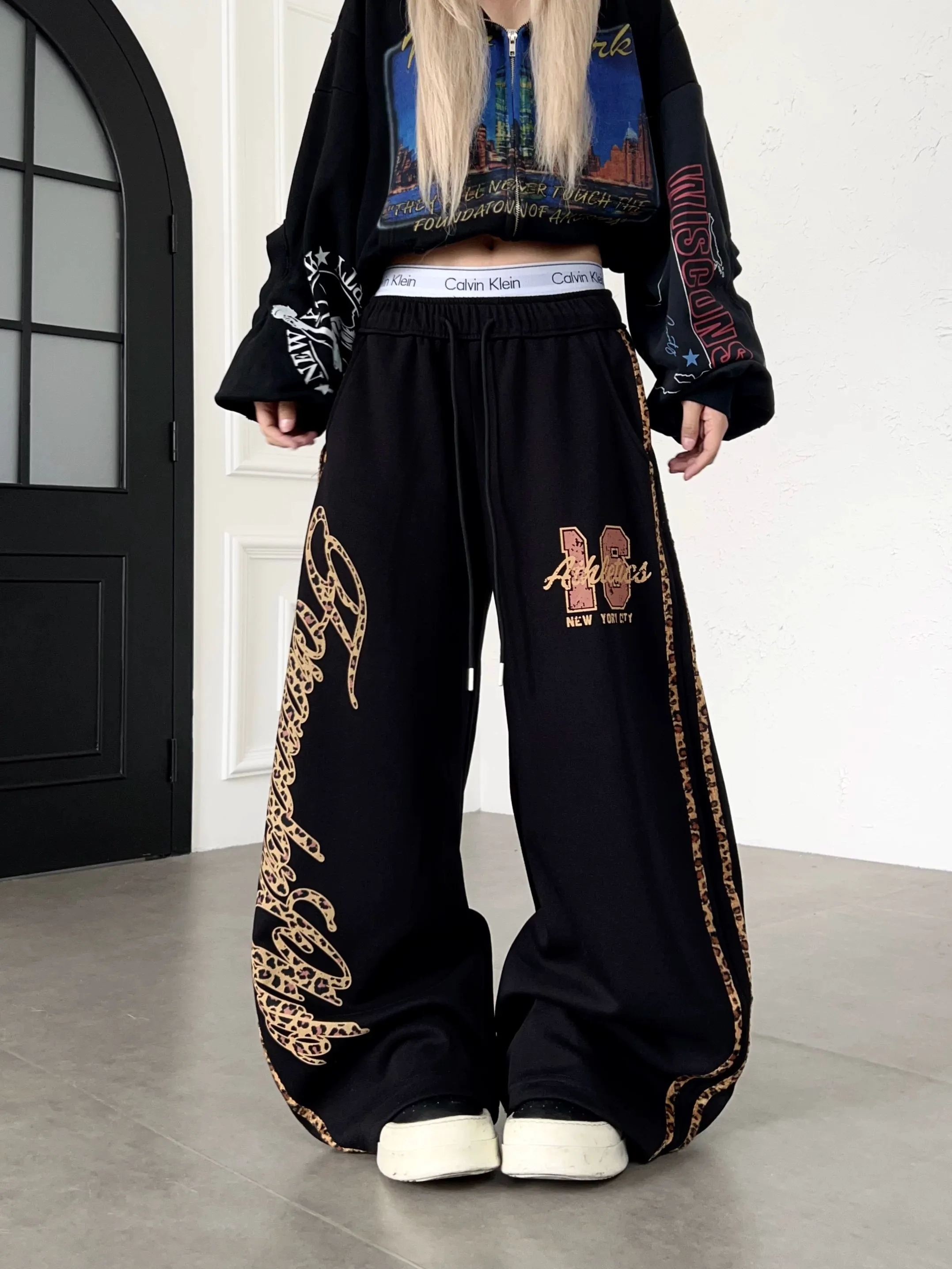 American Street Style Leopard Print Letter Floral Casual Pants Women Loose Slimming Draping Wide Leg Knife Dancing Sweatpants