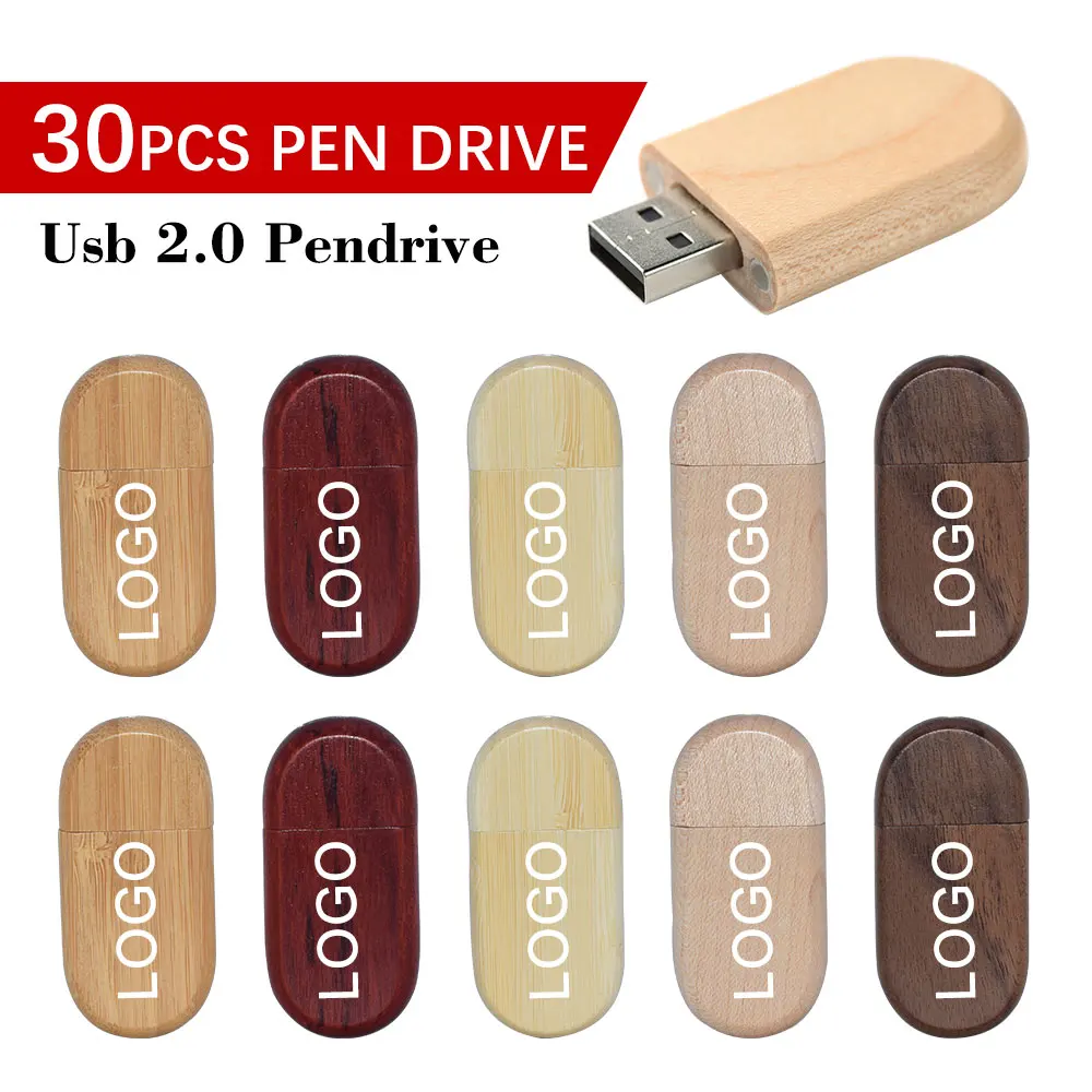 30pcs/lot USB 2.0 Hot Selling Oval Wooden Pendrive Free Laser Logo Pen Drive 4GB 8GB 16GB 32GB 64GB Usb Flash Drive