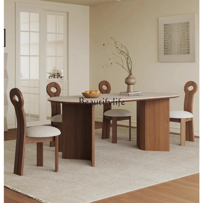 

French medieval travertine rock slab dining table Household designer rectangular solid wood dining table