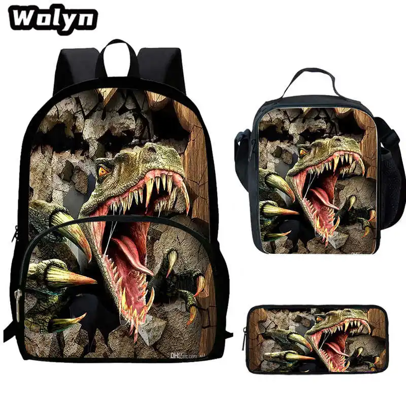 3Pcs Set Dinosaur Mochila Jurassic Backpack with Lunch Bags Pencil Case,Printing Book Bags for Grades1-4 Students Backpacks