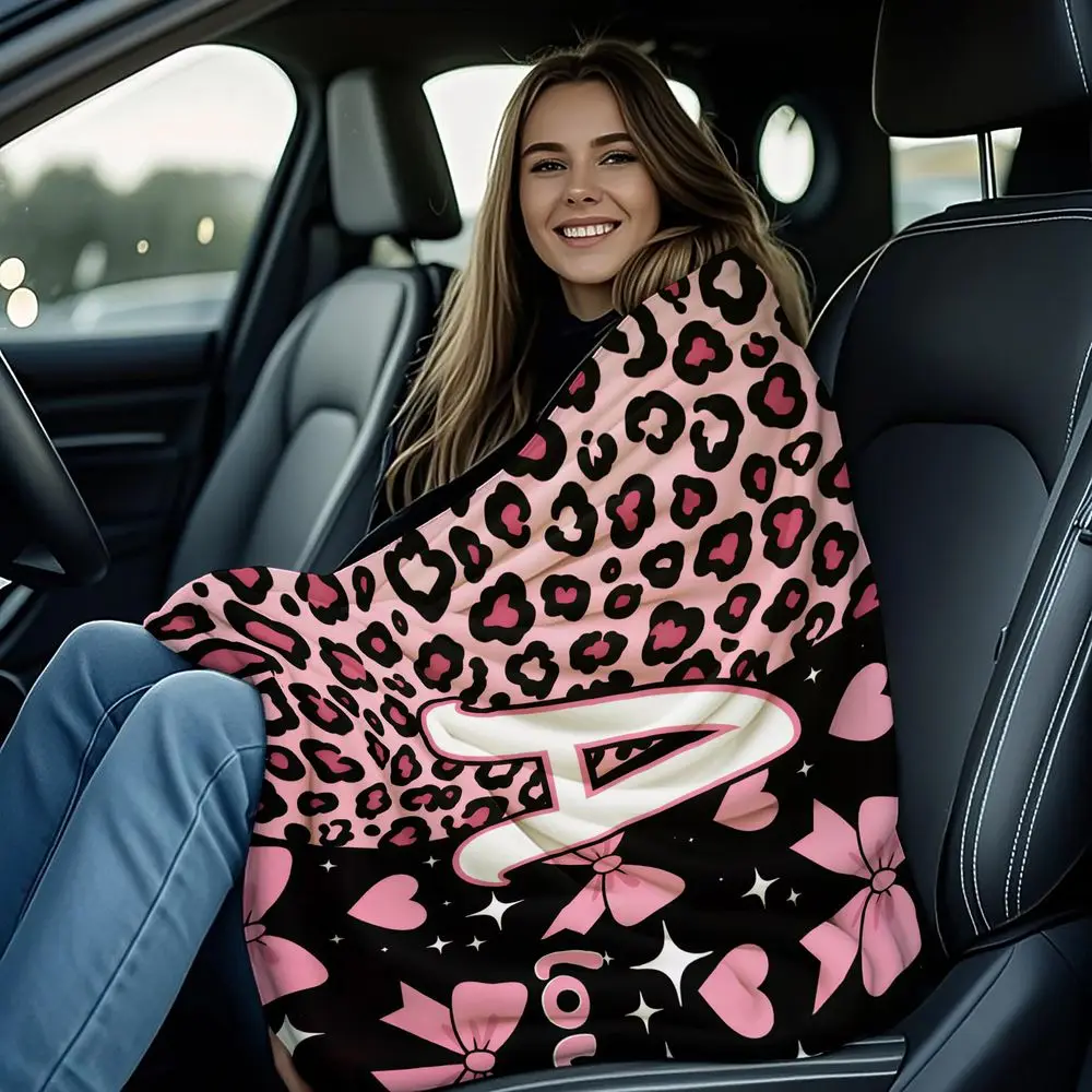 Pink Leopard Heart Bow Print Blanket Flannel Throw Warm Gift Blanket Sweet Girly Decor Sofa Bedroom Travel Camping