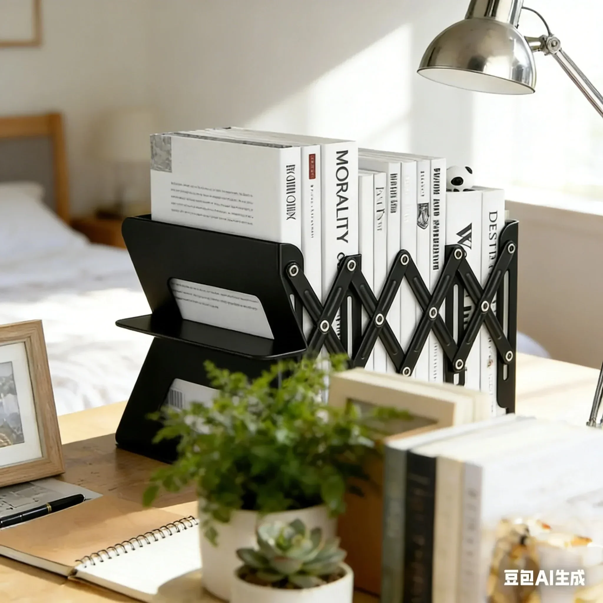 AOLIVIYA Modern Light Minimalist Extendable Bookend Shelf, Desktop Divider Board Creative Desk Storage Rack Foldable Metal B8259