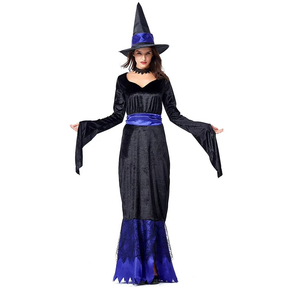 Disfraz de bruja glamuroso para mujer, Vestido largo de fantasía para Halloween, Carnaval, Purim, fiesta, disfraces de Cosplay, azul y negro