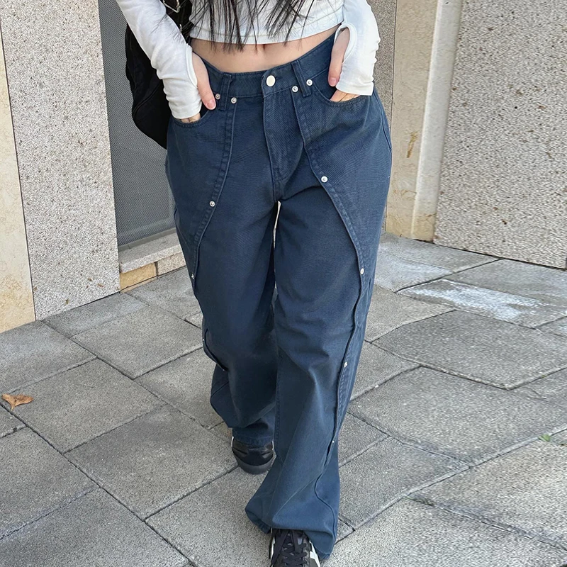 HEYounGIRL Korean Women Patchwork Baggy Jeans High Street Y2K Casual Grunge Cargo Pants Fashion Chic Rivet Detail Sweatpants 90s