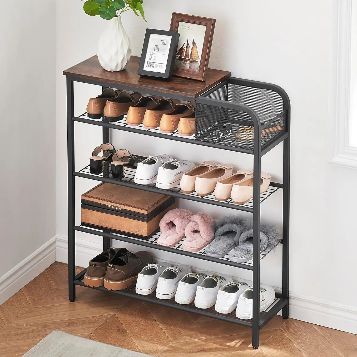 Shoe Rack, 5 Tier Shoe Storage Shelves with Mesh Storage Basket, 16-20 Pairs Shoe Organizer with Wooden Top Shelf for Closet