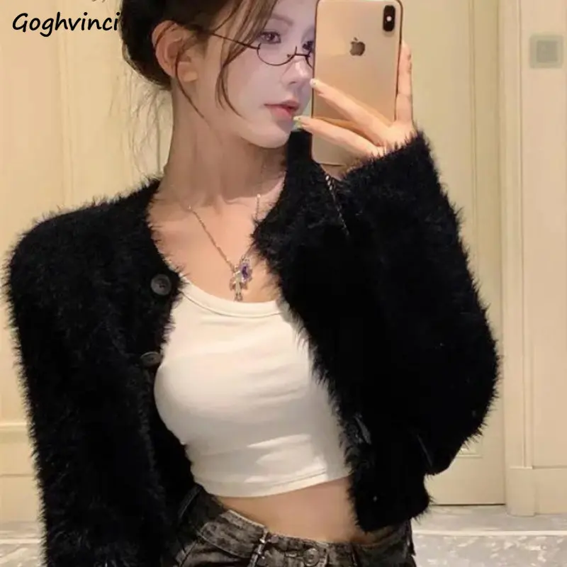 Cardigan Women Solid Simple Plush Cropped Slim Sexy Fashion O-neck Ulzzang Streetwear Spring Female All-match Elegant Holiday