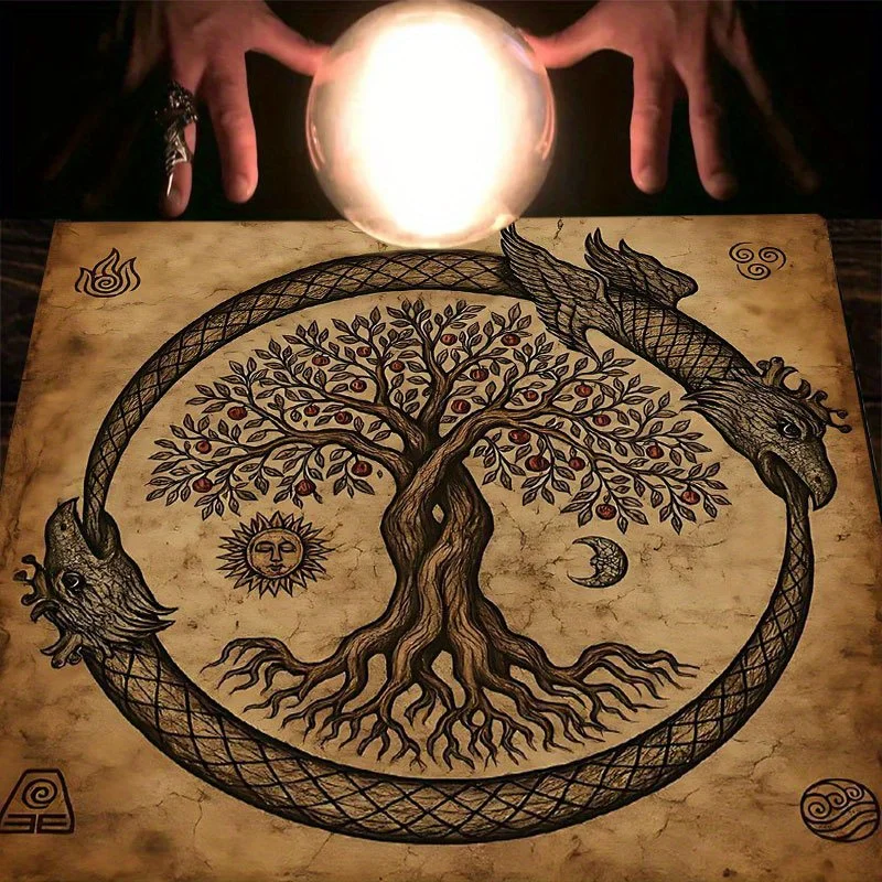 Vintage Yggdrasil Ouroboros Tarot Tablecloth Sun Moon Phase Zodiac Pattern Polyester Witch Altar Mat Spiritual Ritual Home