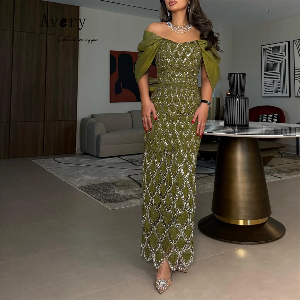 

Avery Custom Green Off-shoulder Fishtail Ankle Length Evening Dresses Woman Elegant Party Dresses 2026 Luxury Evening Prom Dress
