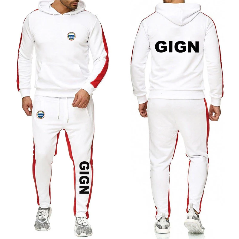 Heren Frankrijk Gendarmerie Gign Herfst Effen Kleur Capuchon Sweatshirt Pak 2-delige Set Sportieve Joggingbroek Casual Stijl Set