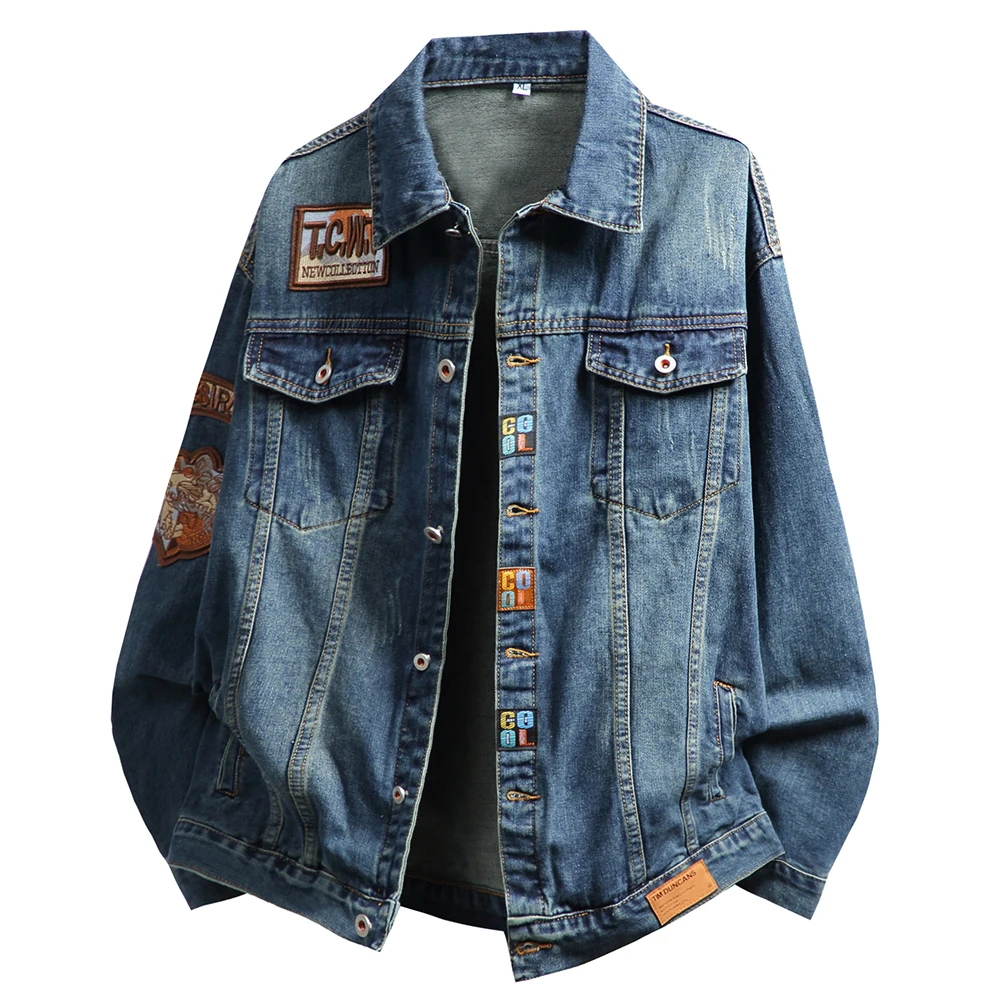 

Мужская джинсовая куртка с вышивкой, повседневная джинсовая куртка с буквами и нашивкой, синее джинсовое пальто, уличная хлопковая верхняя одежда