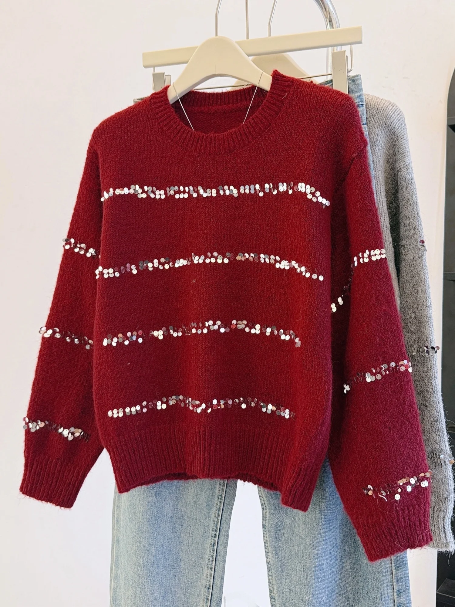 سترة تريكو نسائية حمراء مستديرة للربيع والخريف والشتاء فضفاضة ومريحة وناعمة ومريحة وطويلة #1