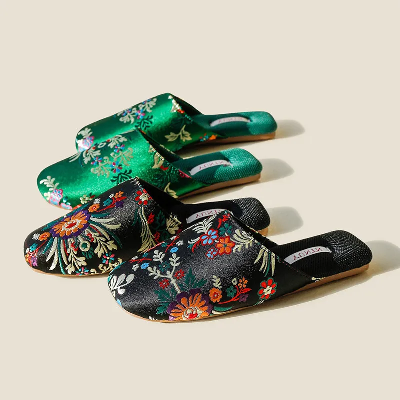 أنيقة النمط الصيني التطريز النعال المنزل النساء عالية الجودة الساتان نعال مسطحة مريحة عدم الانزلاق تنفس النعال #6