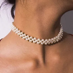 Boho Sweet Imitation Pearl Round Handwoven Collar Necklace for Women's 2023 Simple Romantic Wedding Bride Fashion Jewelry Gift
