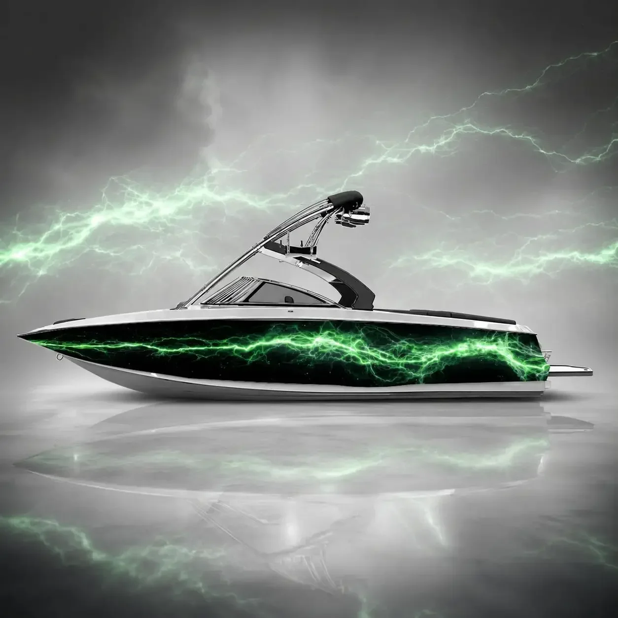 Boat Side Decals 2PCS for Wake Boat – Green Blue Black Lightning Stripe Vinyl Wrap Kit – Marine Hull Sticker Set,