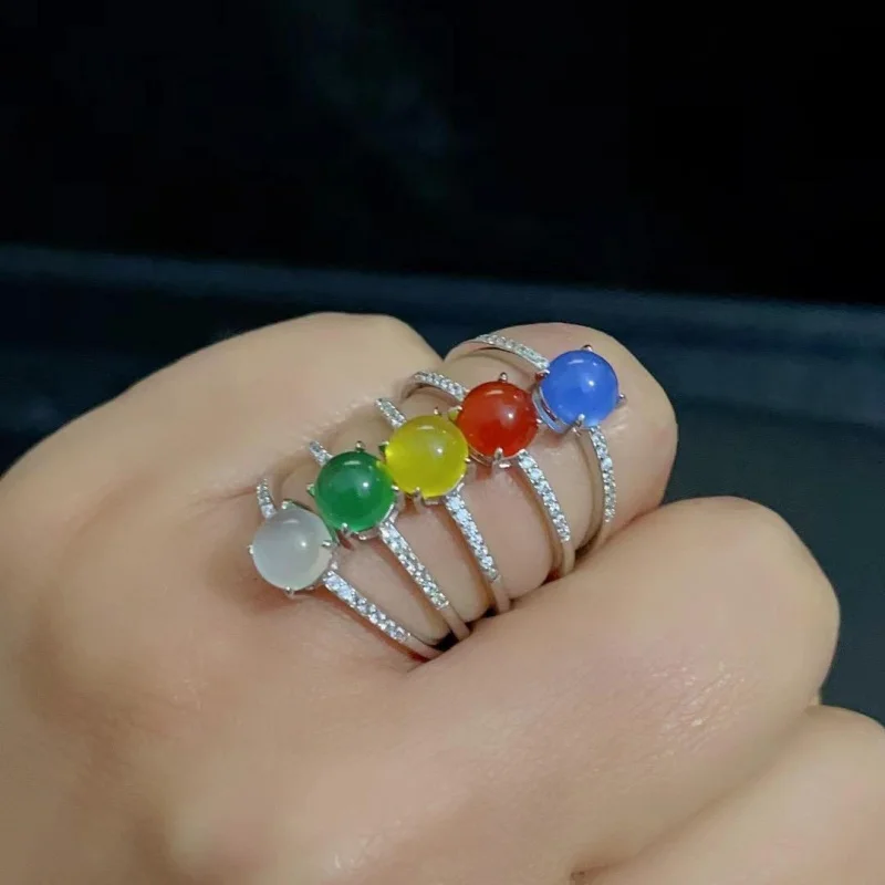 Small agate chalcedony with translucent cabochon inlay, fashionable adjustable women's ring