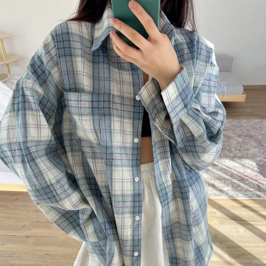 2024 Women Autumn Winter Long Sleeve Blue Plaid Shirt Vintage Oversized Loose Fit Blouse For Woman