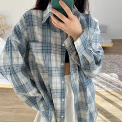 2024 Women Autumn Winter Long Sleeve Blue Plaid Shirt Vintage Oversized Loose Fit Blouse For Woman