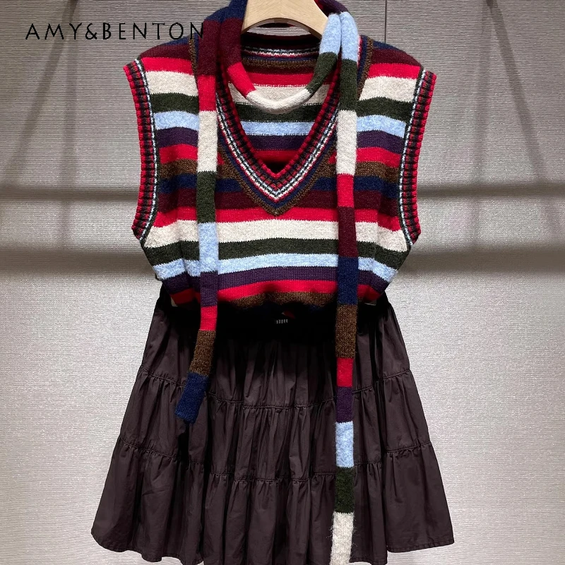 

2026 Spring New Colorful Striped V-neck Sleeveless Women's Vest Knitwear Vintage Design Sweet Girl High-Waisted Skirt Set Ladies