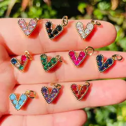 10pcs Mini Size Colorful Zirconia Pave Heart Charms Colorful Gold-Plate Pendant Women Jewelry Earring Bracelet Necklace Making