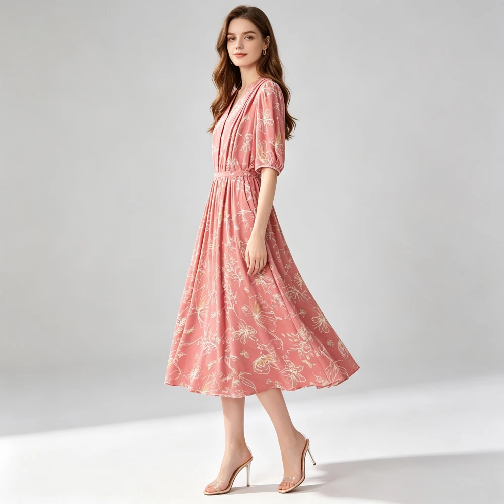 Women's Summer New 100% Natural Mulberry Silk Double Crepe Butterfly Meticulous Painting V-neck Lantern Sleeve Drawstring Dress