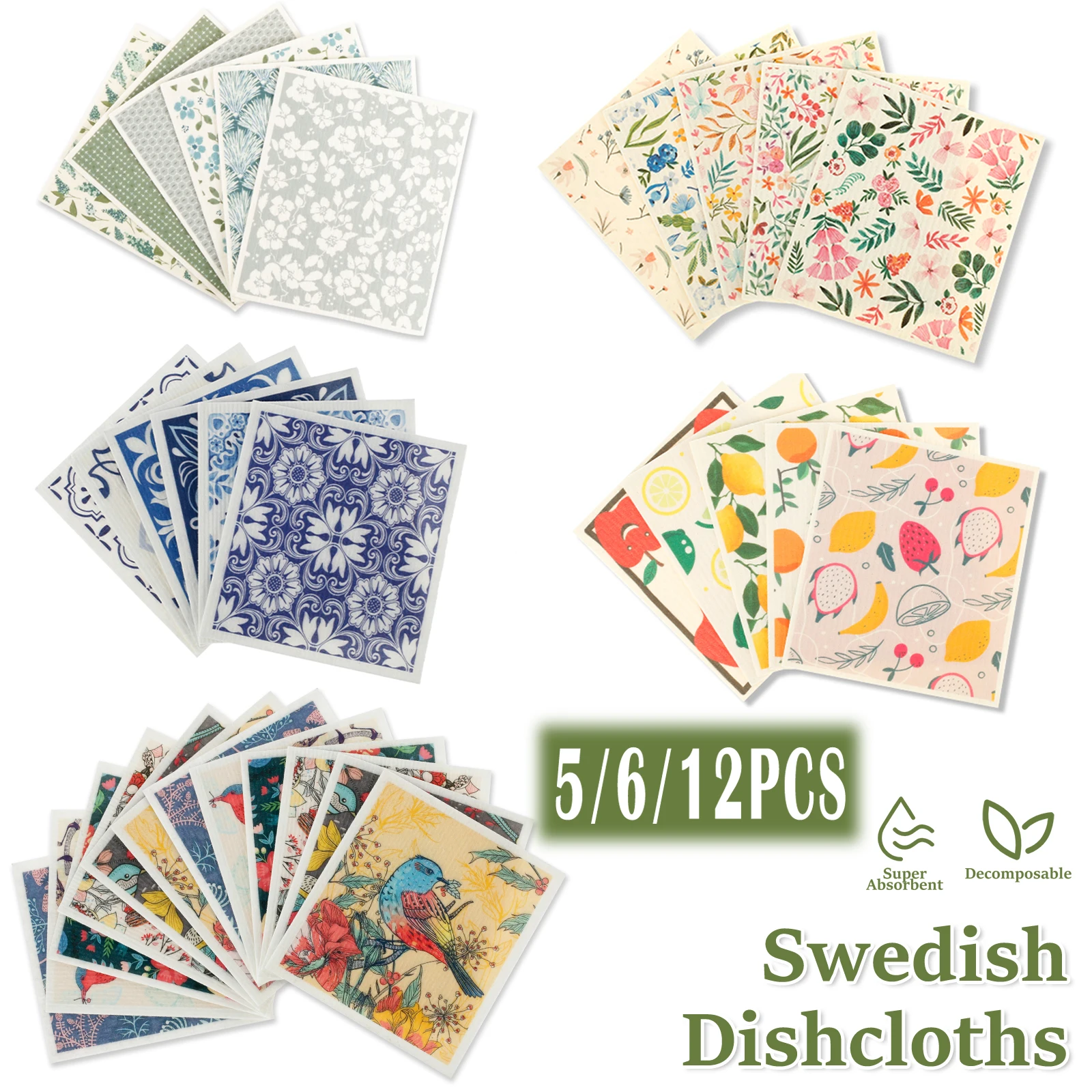 5/6/12PCS Kitchen Dish Towels Reusable Dishcloths Washable Kitchen Dish Rags  Absorbent Soft Cellulose Sponge Cloths 7.7*6.7inch