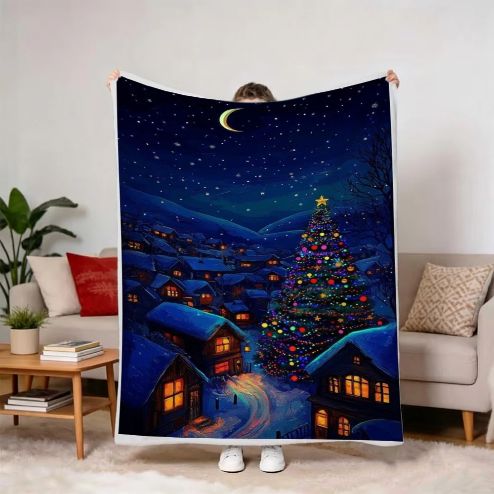 2d Printed Snowy Fence Colorful Glowing Light Night Scene Throw Blanket For Holiday Party Xmas Gift Living Room Decor