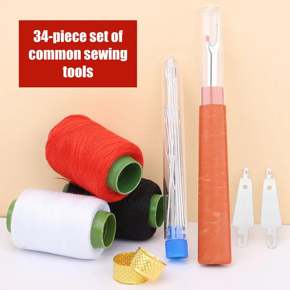 34Pcs/Set Sewing Tools Kit with Needle Threader Thread Remover Thimbles Assorted Size Needle Colorful Thread Spool Sewing Tools