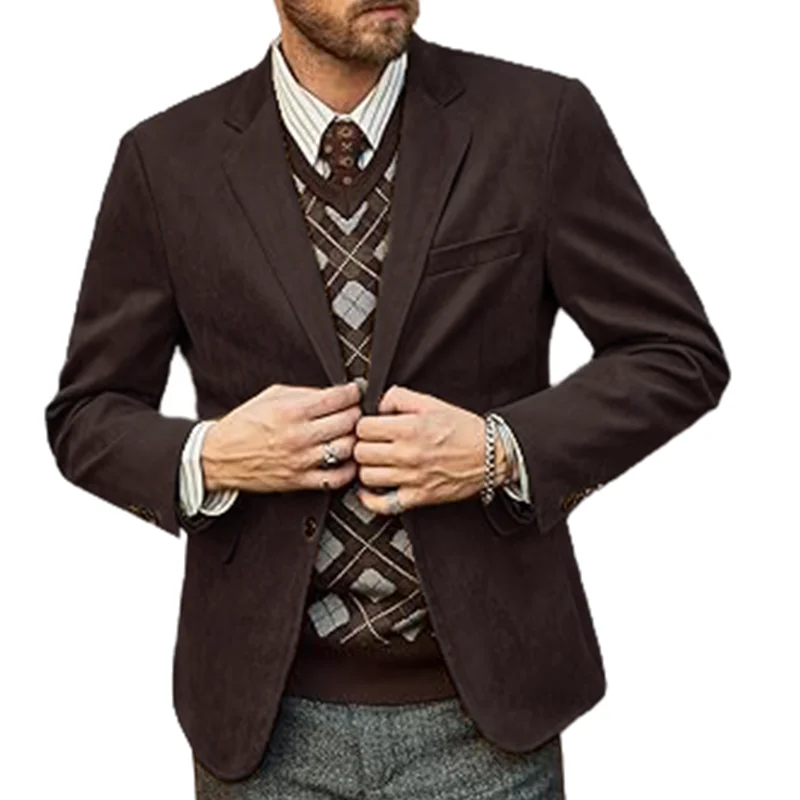 Men\'s Autumn Blazers Casual Suit Suede Jacket Lined Vintage Men\'s Office Jackets Streetwear Euro Size Coat Men\'s Clothing M-2XL