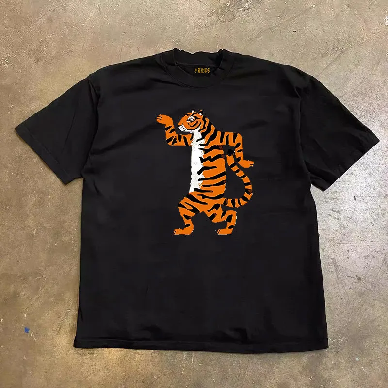 2026 Funny Dancing Animal Family Matching Print T‑Shirt Adults Kids Cartoon Tiger Graphic Loose Short Sleeve Casual Street Tee