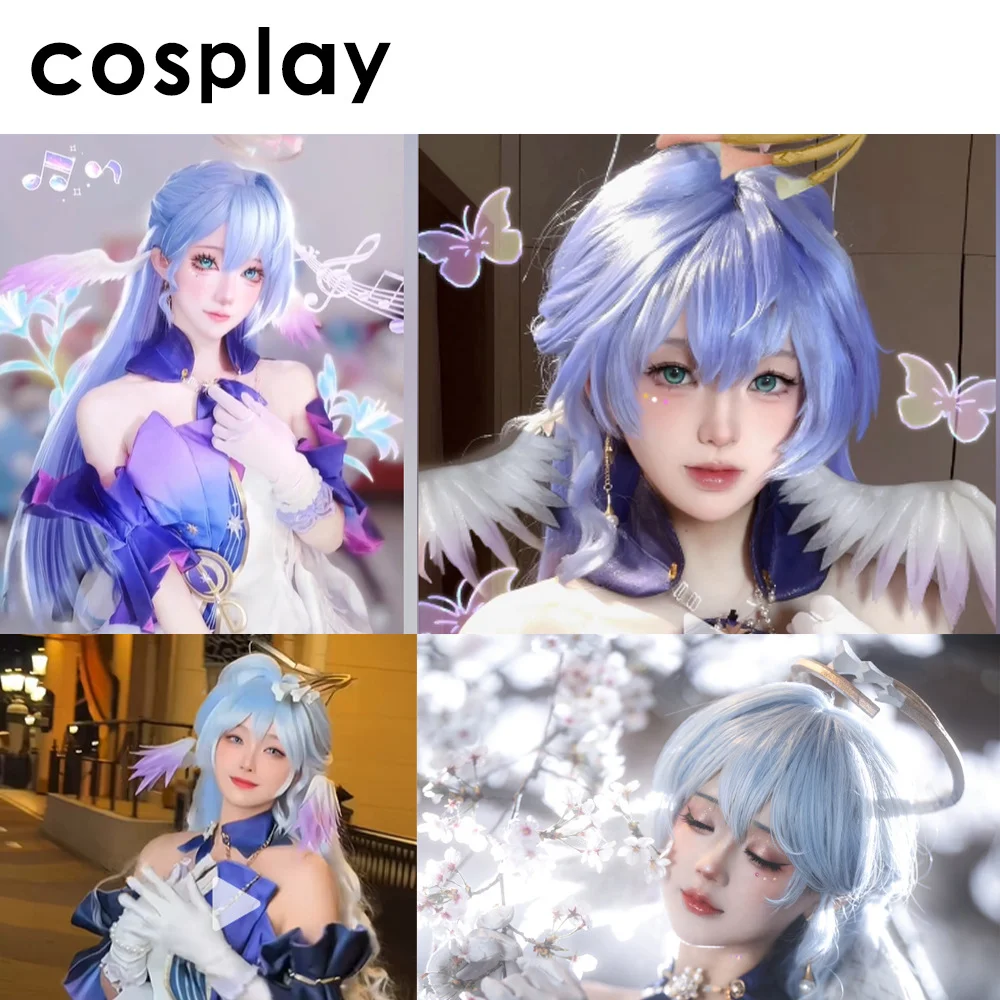 "Broken Star Track Robin Cosplay الشعر الاصطناعي 33 بوصة أزرق فاتح متدرج Micro-Curls Halloween Daily Party Anime Game Wig.