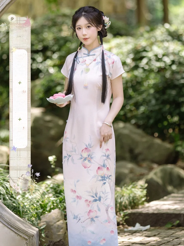 

Chuan Dai Time Moon Prayer Peach Blossom Romance Elegant Pink Fully Open Collar Short Sleeve Long for Young Women