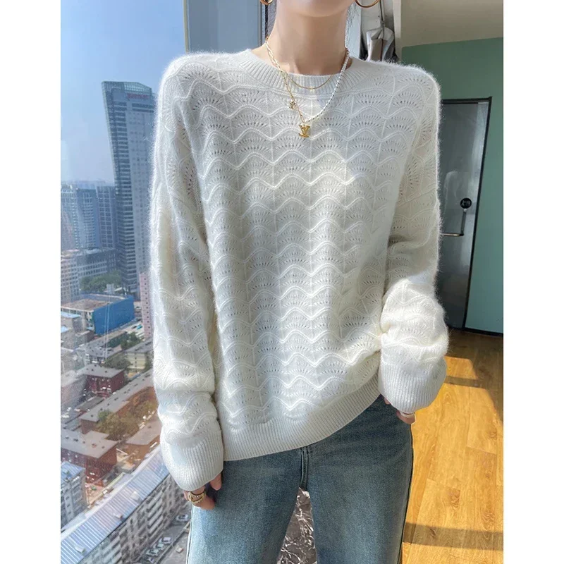 100% Cashmere Women's O-Neck Pullover Sweater Solid Color Computer Knitted High Grade Women's Long Sleeve Cashmere Shirt New Sty