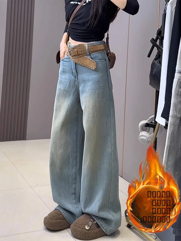 

Retro Loose Fit High Waist Fleece Lined Wide Leg Jeans Women's Winter New Style Casual Straight Floor Length Trousers