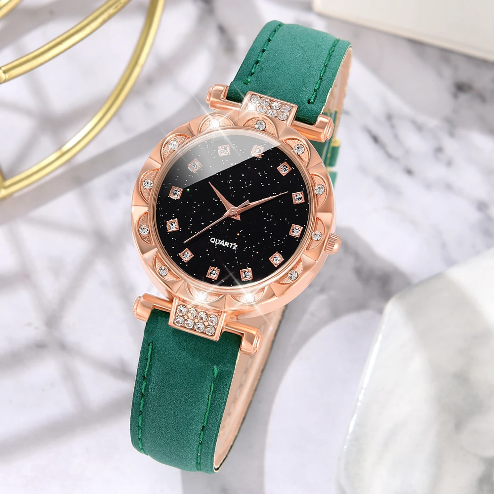 5pcs/set Women\'s Watch Luxury Green Quartz Watch PU Analog Dress Wrist Watch & Green Jewelry Set Gift For Mom Her ﻿