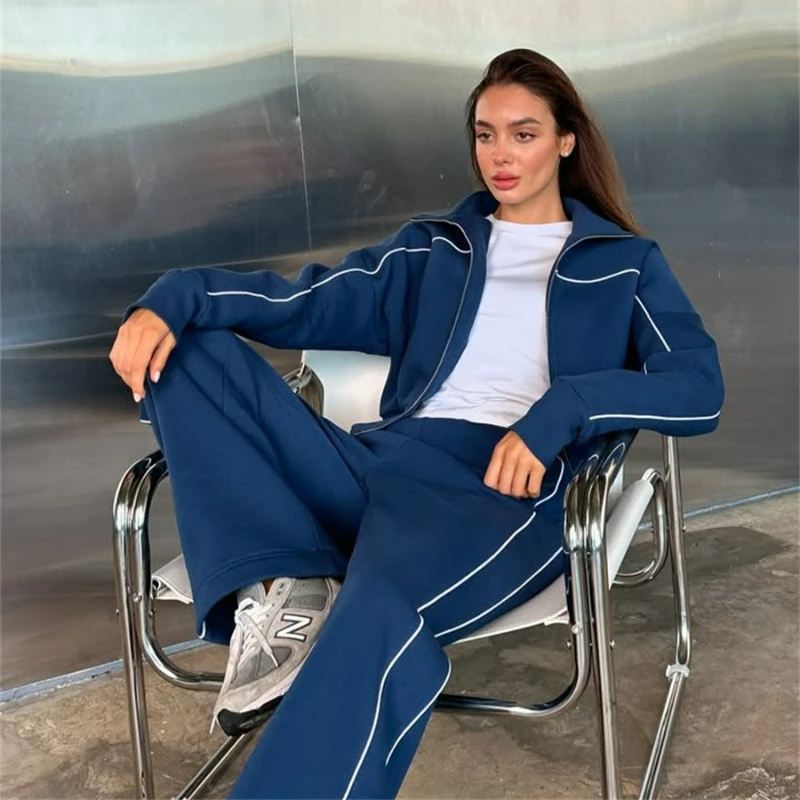 Long-sleeved Zipper Cardigan Loose Striped Sweatshirt Elastic Wide-leg Pants Two-piece Set for Women Autumn Fashion Casual Set