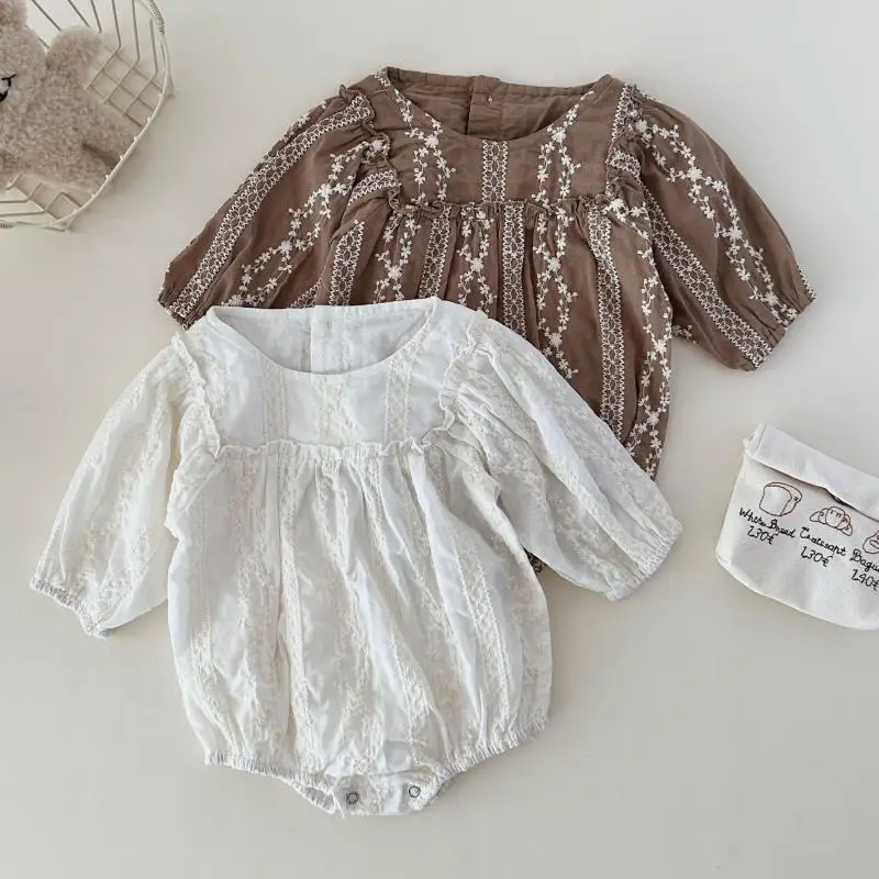 

2025 Autumn New Baby Long Sleeve Bodysuit Solid Infant Girl Flower Embroidery Princess Jumpsuit Cotton Newborn Clothes 0-24M