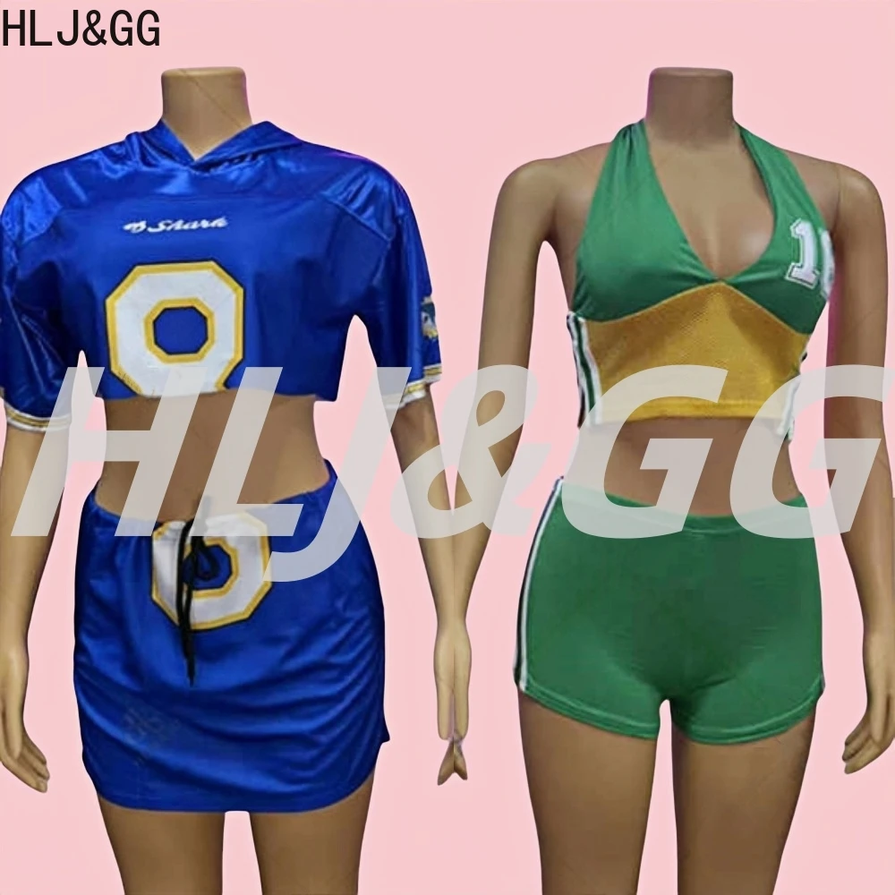 

HLJ&GG Fashion Y2K Letter Print Hooded Two Piece Sets Women V Neck Short Sleeve Crop Top + Mini Skirts Outfits Female Streetwear