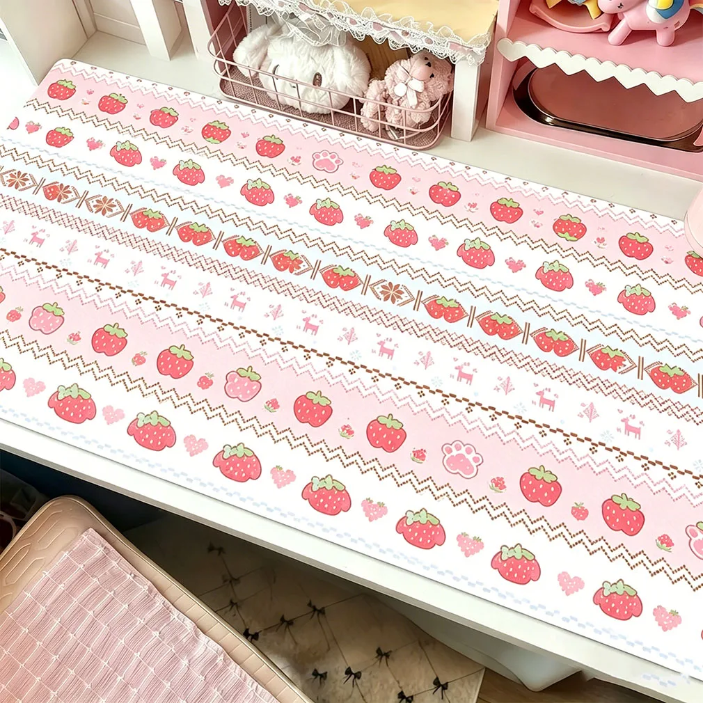 Leather Desk Pad Protector Pink Full Screen Strawberry Love Heart Paw Kawaii Y2K Mouse Pad Office Desk Mat PU Desk Blotter Pad