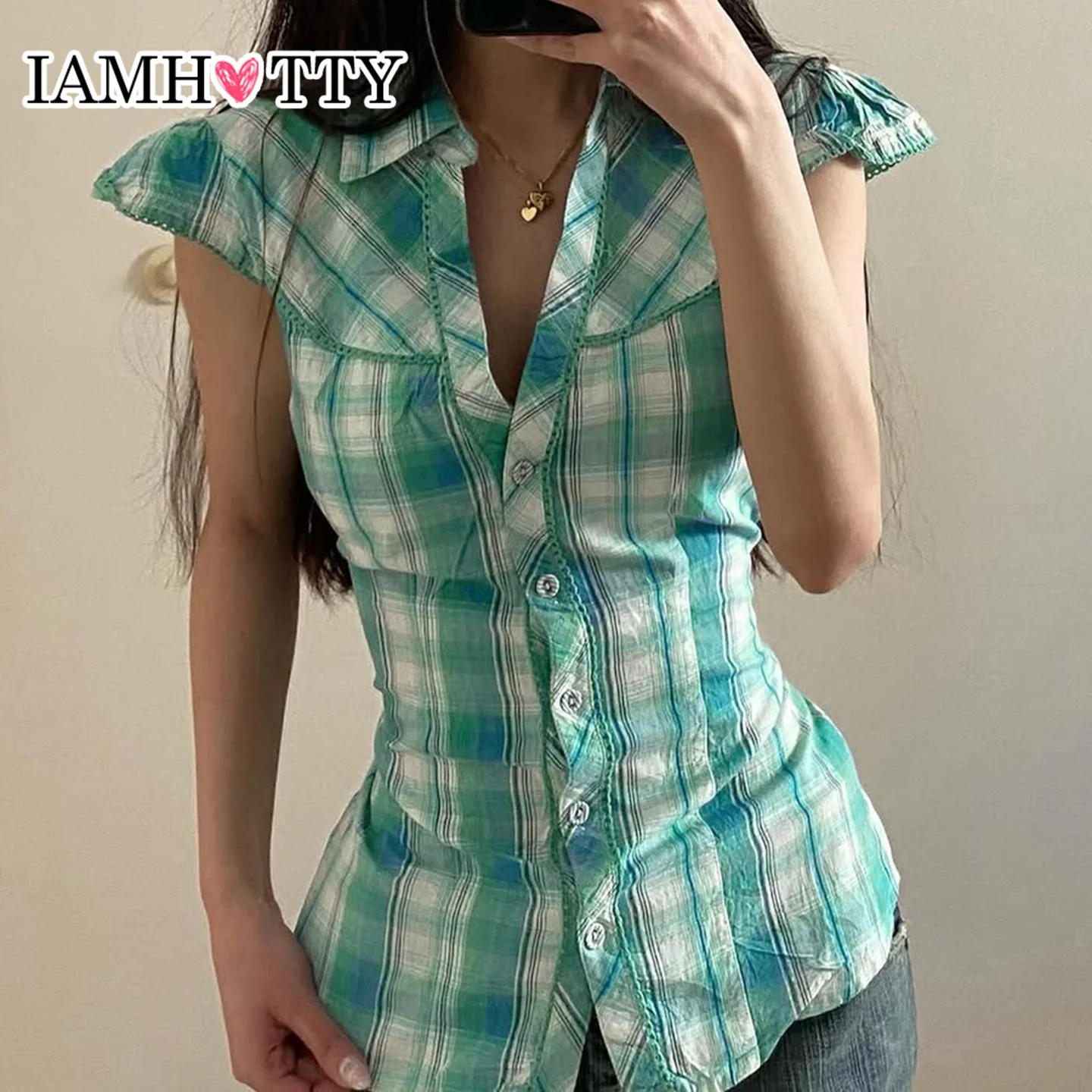 

IAMHOTTY Green Plaid Print Blouse Vintage Turn-down Collar Single-breasted Top French Style Slim-fit Shirts Chic Fashion Clothes