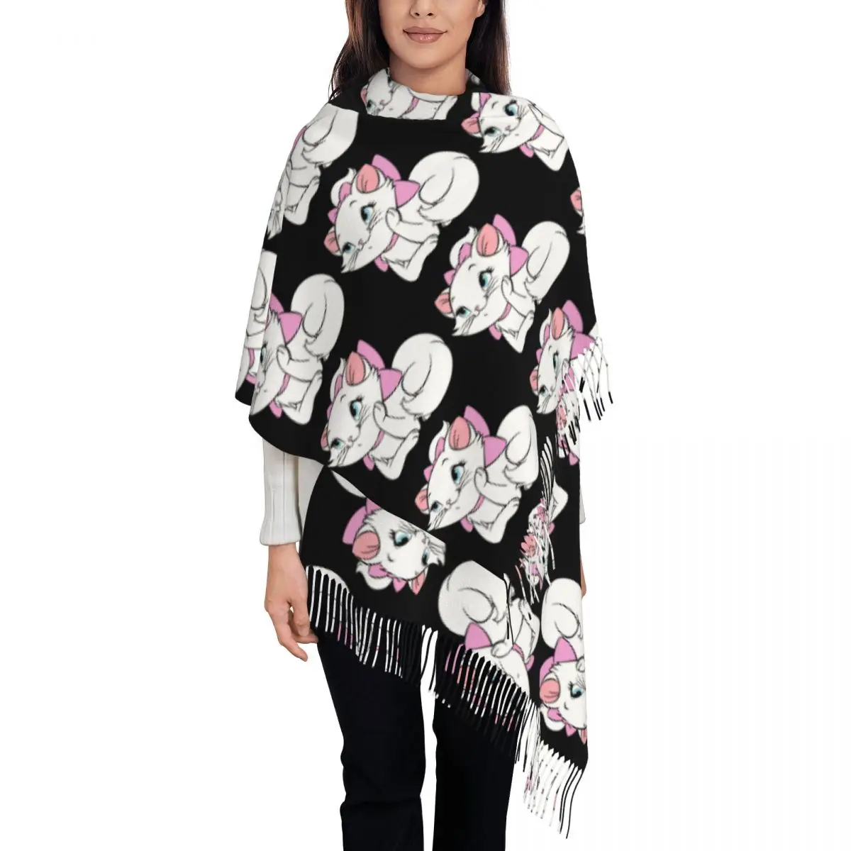 

Custom Marie Cat Cartoon Scarf Wrap Women Long Winter Warm Tassel Shawl Unisex Scarves