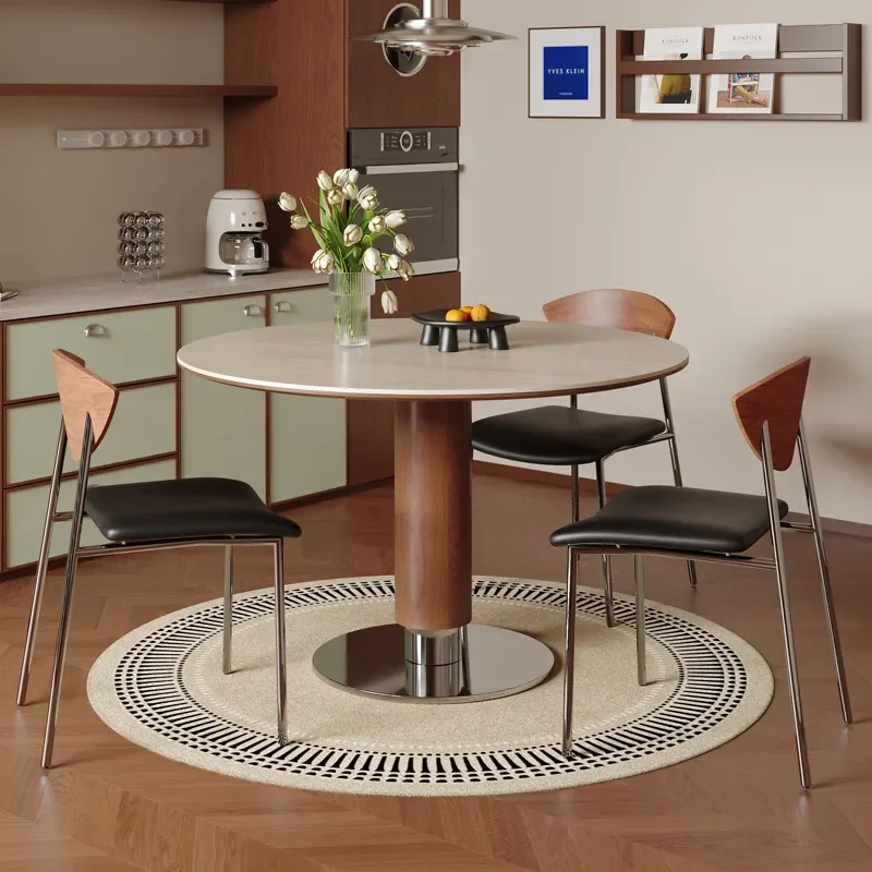 for Bauhaus Style Dining Table Set Small Apartment Solid Wood Round Negotiation Table with Beige Travertine Rock Slab Top and