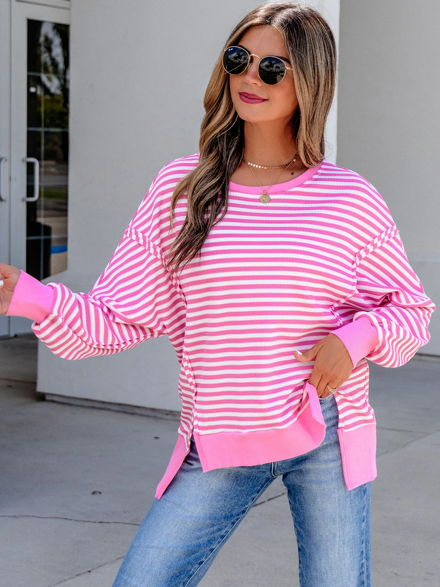 DearLover Casual Stripe Color Block Long Sleeve T-Shirt Women's Spring Autumn New Lazy Style round Neck Loose Fit Top