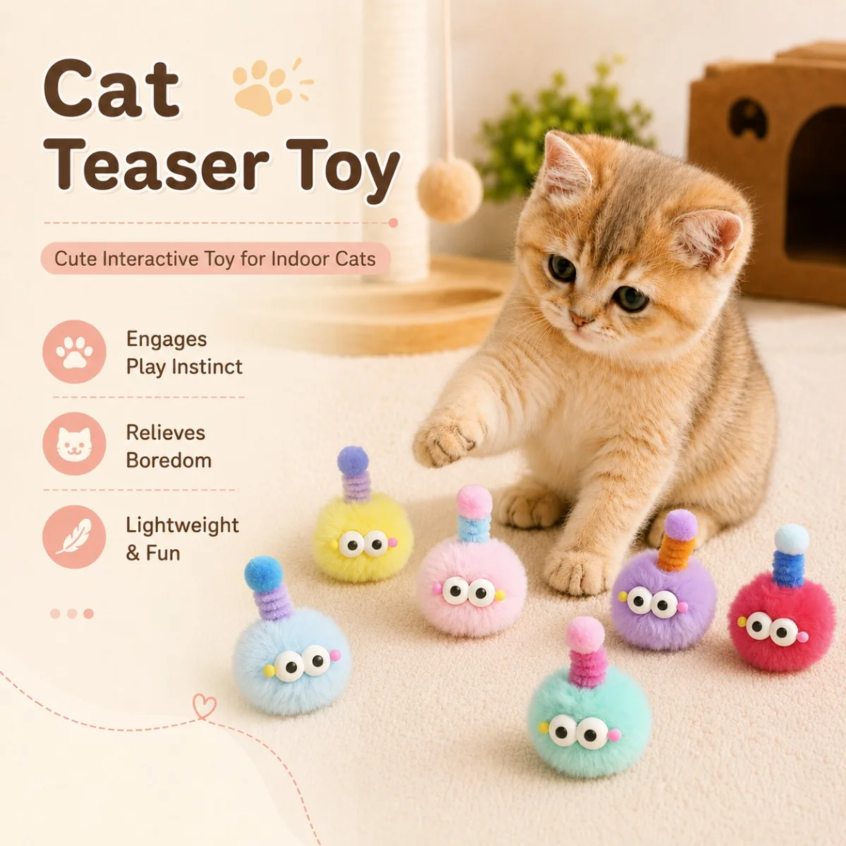 4Pcs Cat Toy Balls, Cute Big-Eye Antenna Teaser Wand Design, Indoor Hunting & Exercise Toys for Cats, Helps Relieve Boredom