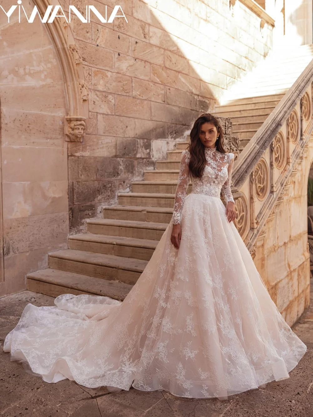 

New Detachable Sleeve Lace Wedding Dress 3D Floral Modest High Collar Bridal Gown Customized A-line Long Dresses For Bride