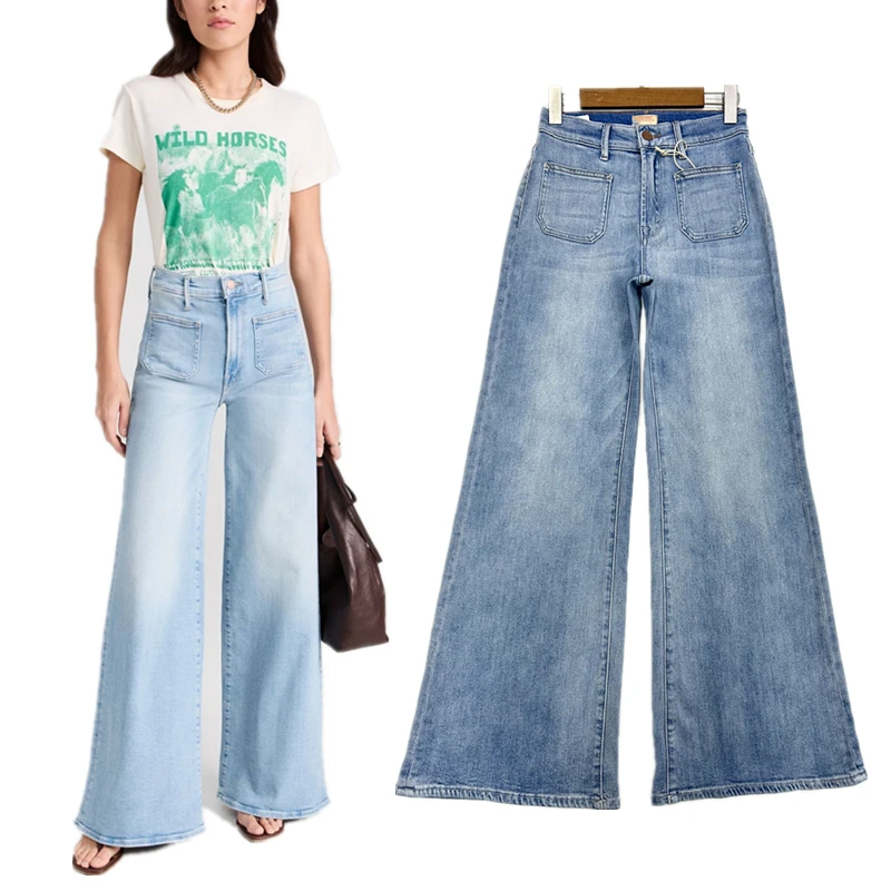 Dave&Di Spring/Summer Minimalist Women's Jeans Lyocell Denim Pants Pockets High Waist Light Blue Soft Wide Leg Jeans for Women