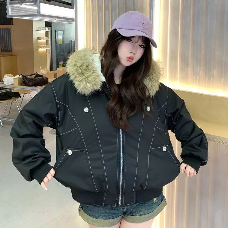 2025 Parkas con capucha y cuello de piel Retro americano tendencia High Street Chaqueta corta de invierno para mujer moda prendas de vestir acolchadas de algodón