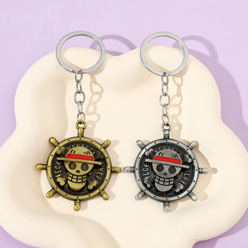 One Piece Monkey D. Luffy Pirate Skull Rudder Keychain Metal Key Ring Rotatable Pendant Llavero for Kids Gift Anime Accessories