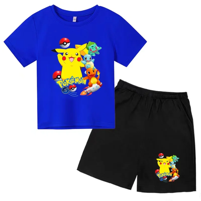 Children's T-shirt Two-piece Set 3-12Years Pokemon Cool Summer Anime Pikachu Boys Girls Clothing Short-sleeved+Shorts Casual Set