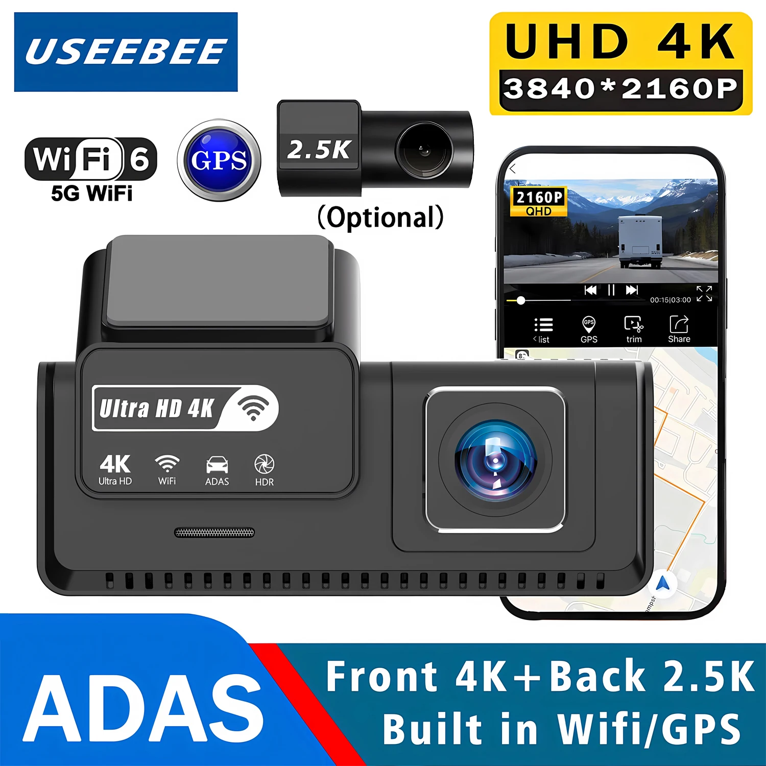 

Видеорегистратор UHD 4K 3840*2160P с двумя объективами, ADAS, Wi-Fi, GPS, мини-камера для автомобиля, задняя камера 2.5K, видеорегистратор, черный ящик