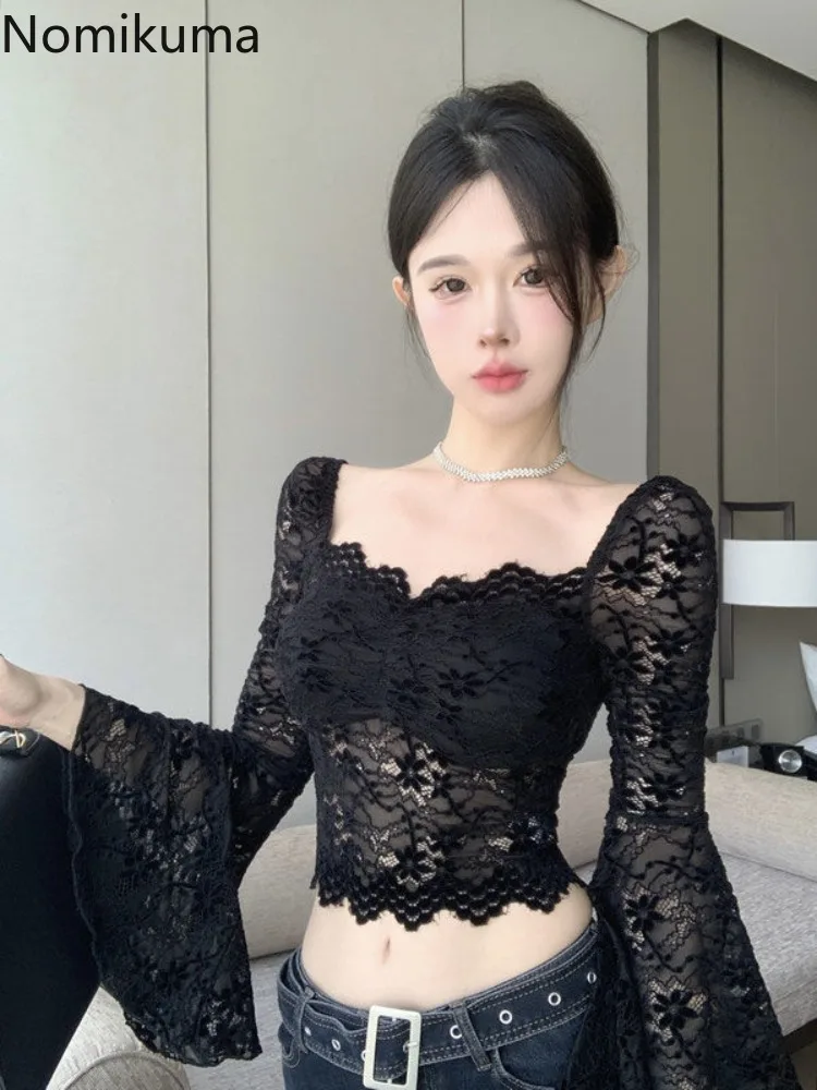 Lace Blouse Women\'s Clothing Flare Sleeve Square Collar Tunic Shirts 2024 Blusas Mujer De Moda Black Hollow Out Sexy Crop Tops